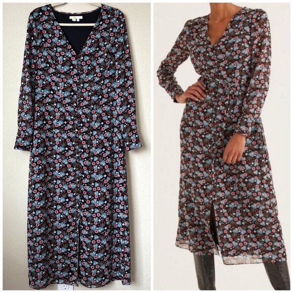 Boden 8 Long Floral Print Button Front Long Sleeve V-Neck Midi Dress - Picture 1 of 16